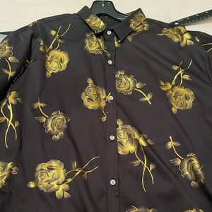 Men’s Zeroyaa Casual Button Up L/S Black with Gold Flowers Size: 2XL /No Label
